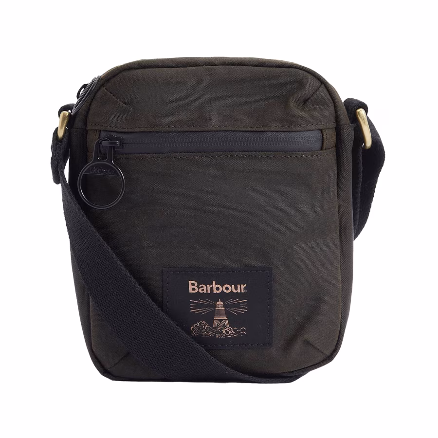 Přední kapsa a popruh olivové tašky Barbour Field Waxed Crossbody
