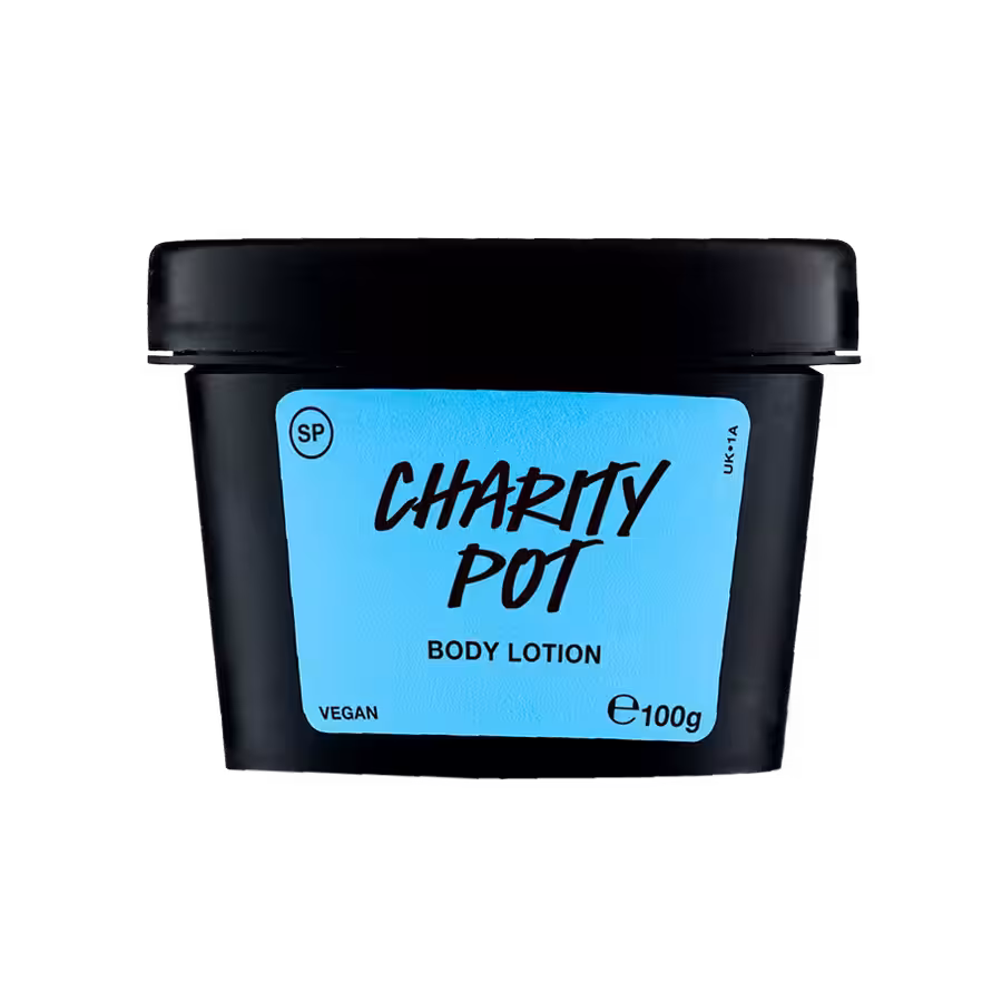 Černý kelímek tělového krému Charity Pot s modrou etiketou