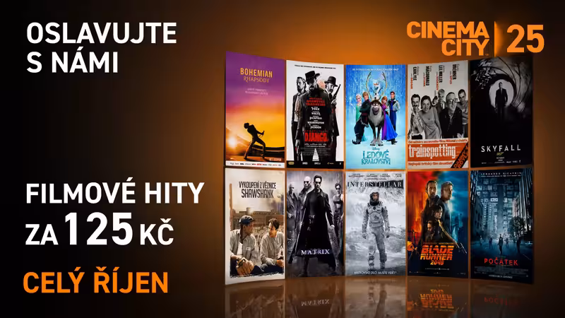 Výroční vizuál Cinema City s plakáty filmů a cenou vstupenky 125 Kč