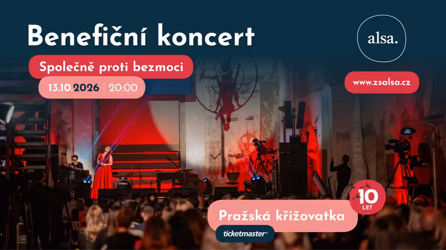 Plakát benefičního koncertu ALSA s datem 13. října 2026 a místem Pražská křižovatka