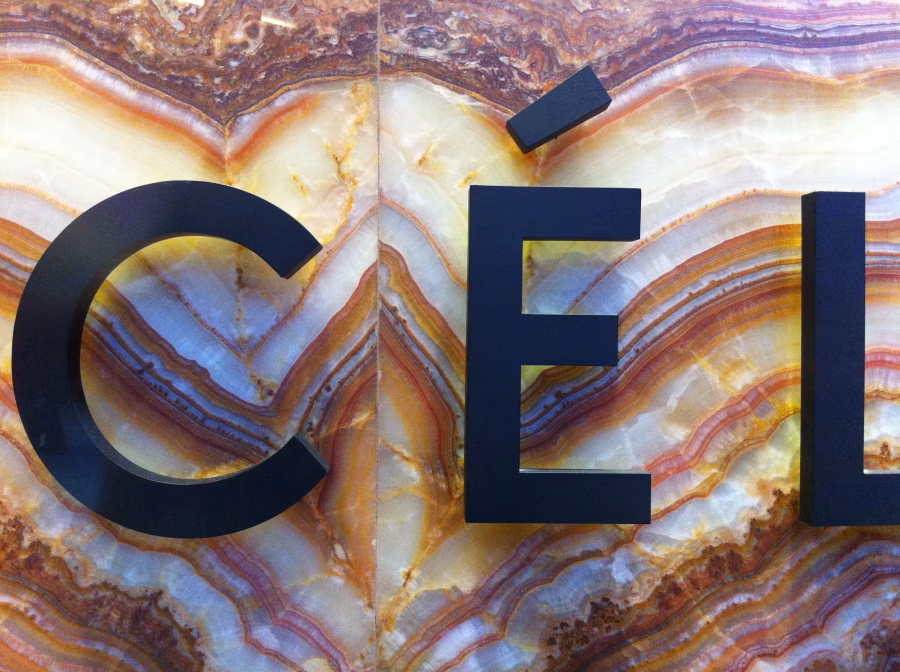 Černé plastické logo Céline se starým akcentem před jeho odstraněním v roce 2018