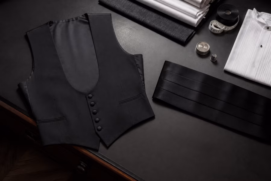 Černá večerní vesta a černý skládaný cummerbund položené vedle bílé košilové látky.