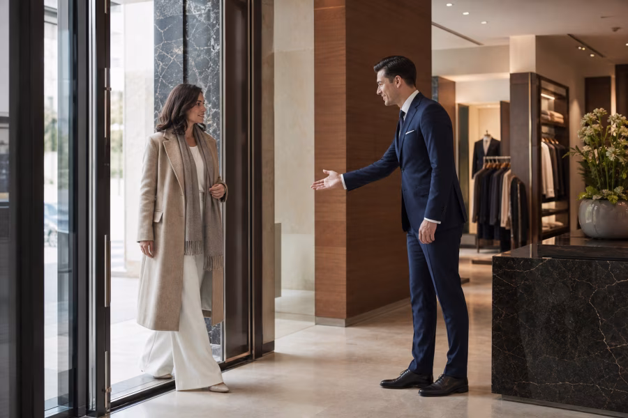 Muž v obleku gestem vítá ženu přicházející do elegantního butiku.