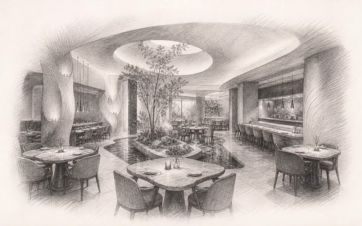 Interiér restaurace Trèsind Studio – redakční kresba