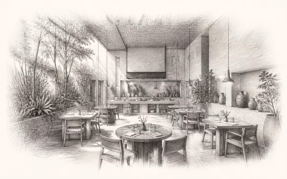 Interiér restaurace Kjolle – redakční kresba