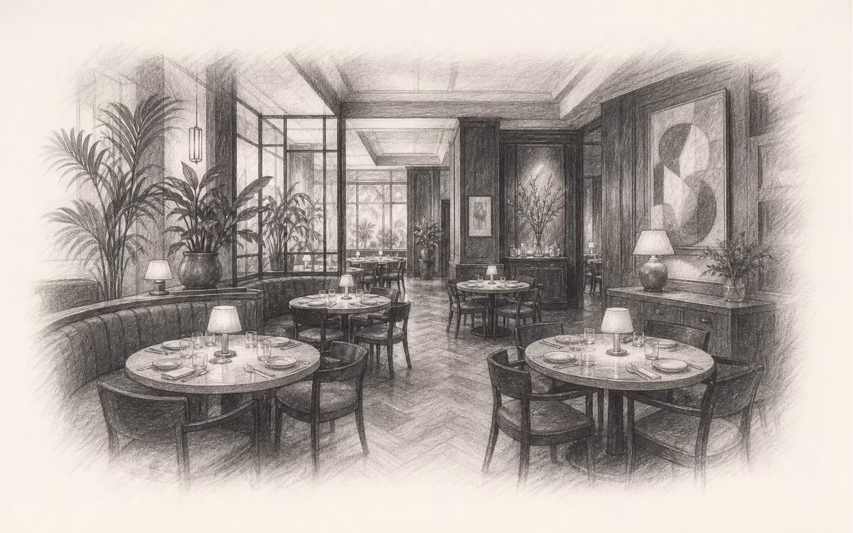 Interiér restaurace The Chairman – redakční kresba
