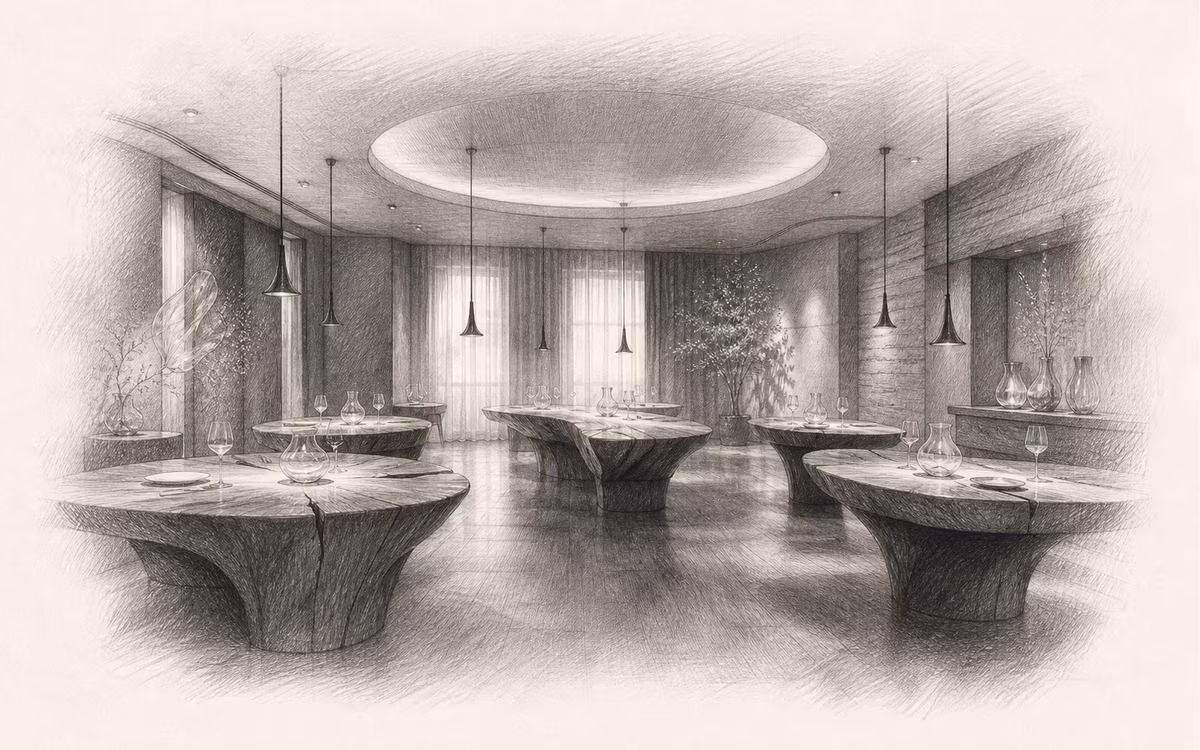 Interiér restaurace Le Calandre – redakční kresba