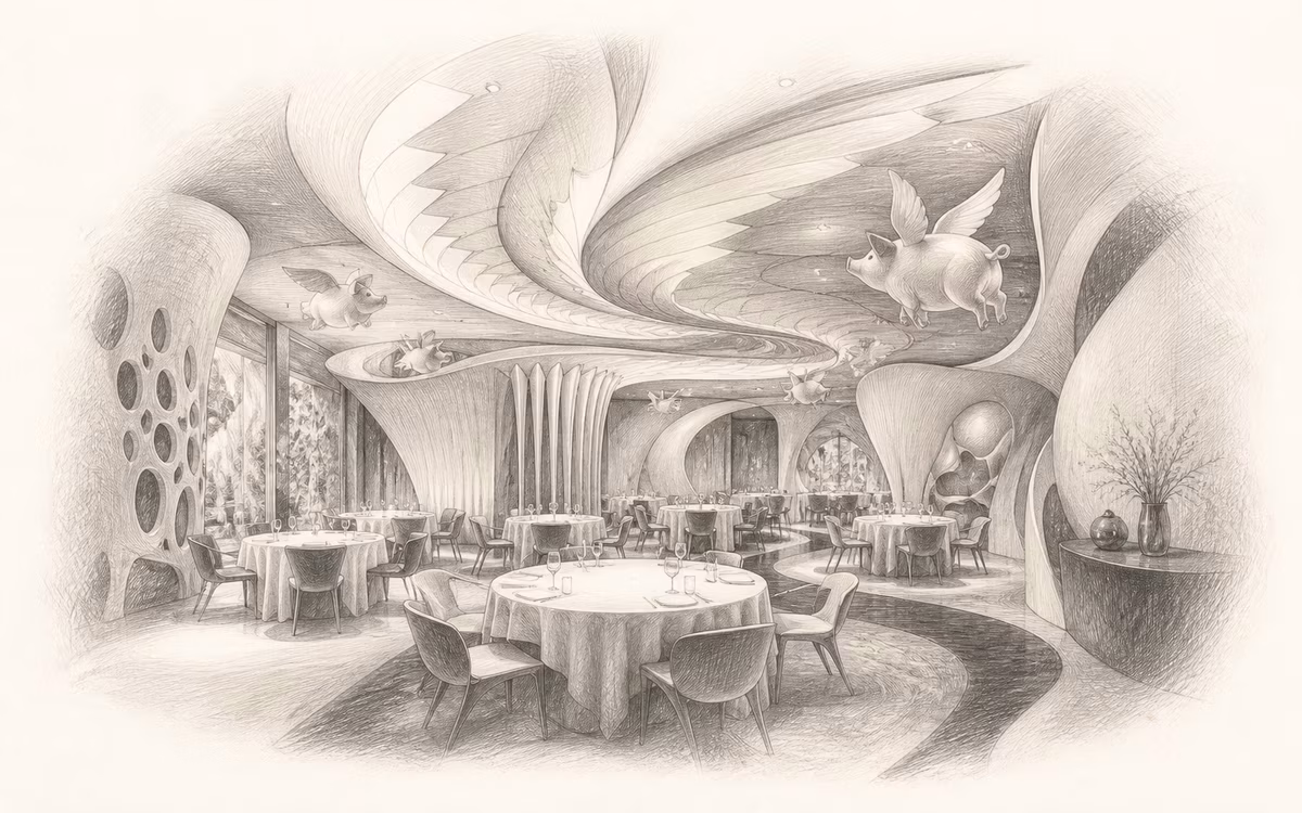 Interiér restaurace DiverXO – redakční kresba