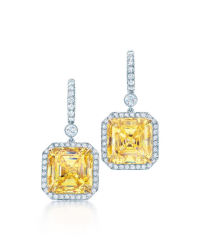 Tiffany earrings of square emerald-cut yellow diamonds with a diamond setting in platinum and 18 karat gold