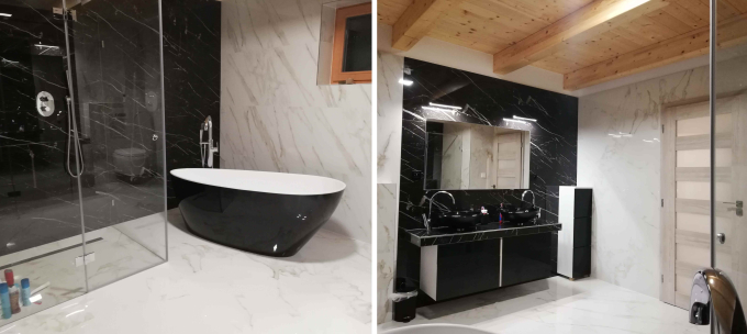 Majitel koupelny zvolil velkoformátové desky imitující mramor v elegantní kombinaci barev černá a bílá. Jmenují se Canova, mají rozměr 60x120 cm a povrch v lesku.