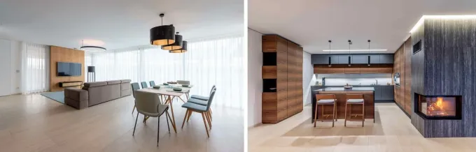 Takto vypadá část interiéru majitele domu. V obýváku, propojeném s kuchyní a jídelnou, je na podlaze položena dlažba v imitaci travertinu s názvem Jewels. Má rozměr 60x120 cm. Krb je obložen dlažbou imitující kámen, také v rozměru 60x120 cm. 